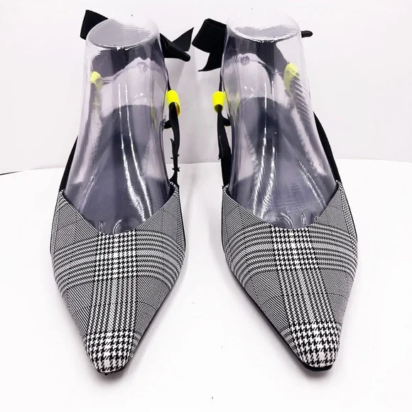 {Zara} Gray Plaid Slingback Bow Kitten Heels - Picture 6 of 16